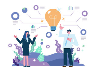 Fototapeta na wymiar Business team with idea light bulb. Business innovation to manage business model. Business innovation and creativity concept. Flat illustration vector design