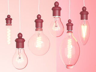 Fototapeta premium Composizione di lampadine accese su sfondo rosa
