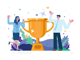 Happy business people with big prize winner cup and celebrating achievement. Flat illustration vector design