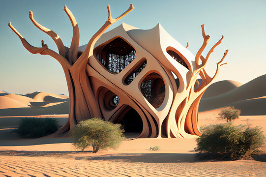 Fantasy house inside old wood in a desert, ai illustration