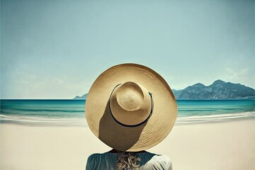 woman in hat on the beach , ai generated