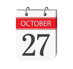 27 october calendar page vector. 3d one day calendar date appointment, deadline, event reminder illustration. Abstract three dimensional daily date appointment, agenda, event calendar. 