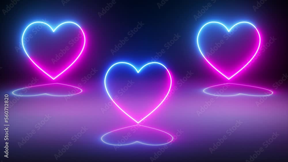 Poster neor heart with reflection effects and soft cloud on the floor animation background. neon heart shap