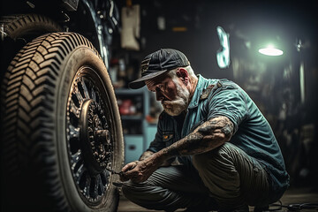 Fototapeta na wymiar Automotive car mechanic working in the garage and changing a tire from light wheels. Repair or maintenance of auto service. AI generative 