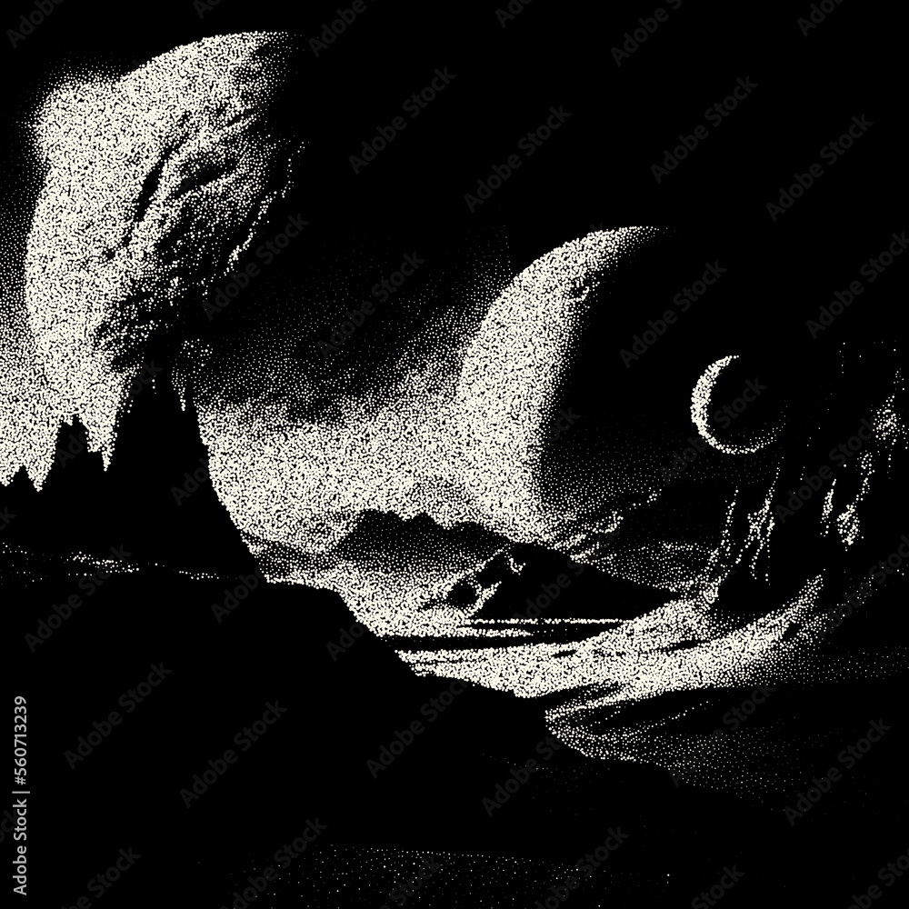 Poster Alien planet landscape in retro dotwork style. Planets and satellites over unknown planet in space. Sci-fi world landscape beyond our galaxy.