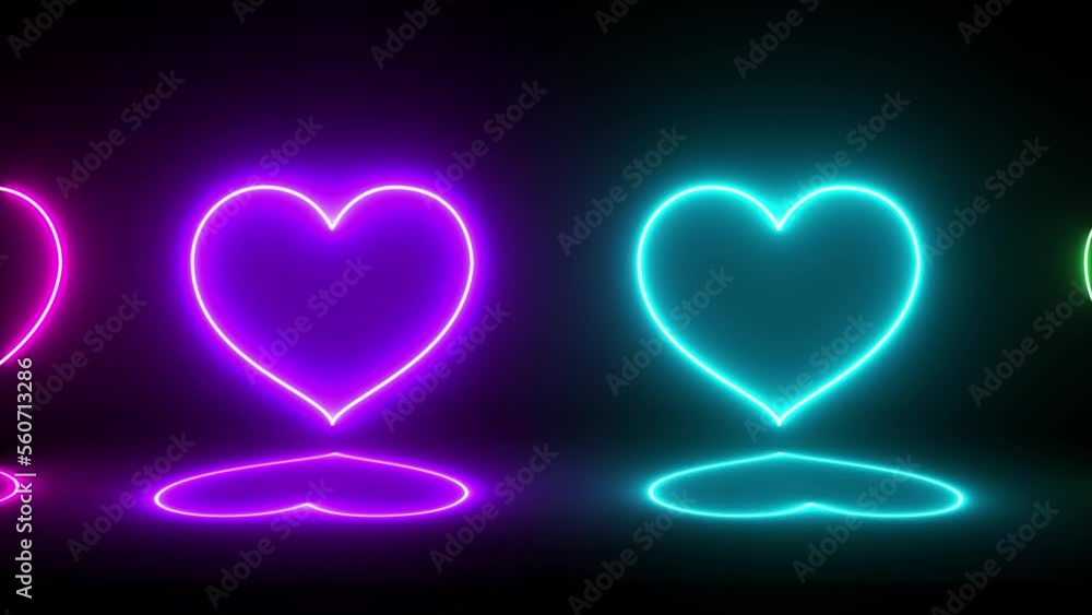 Poster glowing heart shape passing through left to right with reflection effects neon animation on black ba