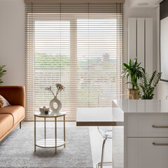 Big window with wooden blinds in elegant studio apartment - 560713486