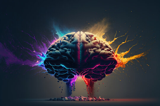 Creativity concept with a brain exploding in colors. Mind blown concept. Generative AI