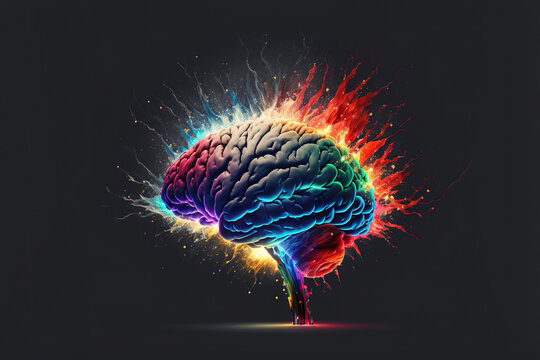 Creativity concept with a brain exploding in colors. Mind blown concept. Generative AI