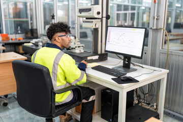 Engineer sitting in robot electronic room use computer create process analogue and logic diagram