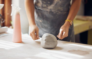 Woman, hands and cut clay in pottery studio, workshop and creative startup for sculpture product....