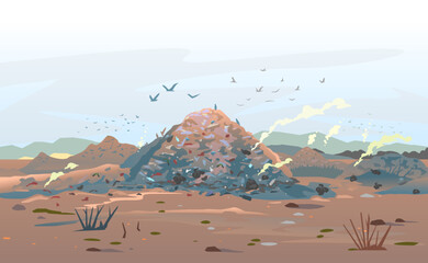 Garage dump concept with mountains of trash and flock of birds, unpleasant smell in an infinite landfill heap landscape as a background of environmental damage issues, environmental pollution - obrazy, fototapety, plakaty