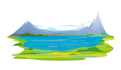 Lake in the picturesque valley near the high mountains with sharp peaks and green piedmont, nature landscape, travel illustration isolated