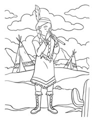 Native American Indian Girl Playing Flute Coloring