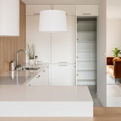 Modern white kitchen with open doors to pantry