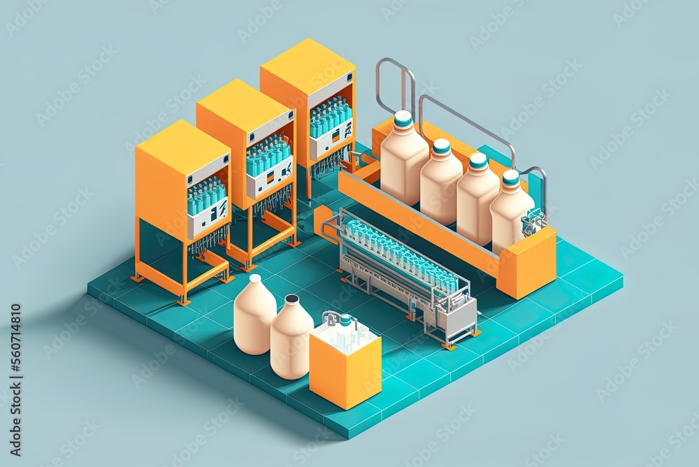Poster isometric diagram of a production facility's conveyor system. automation in the form of robotic arms