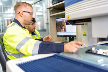 Fototapeta premium Engineer sitting in robot fabrication room use measuring microscope machine check electronic board