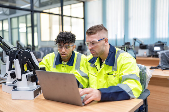Engineer learn basic theory how to operation maintenance and programing robot arm in training room