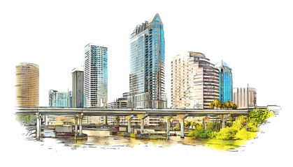 Tampa, Florida, USA downtown skyline, color pencil style sketch illustration. - obrazy, fototapety, plakaty