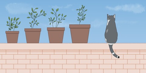 cat image, cat sitting on wall illustration, cat with plants, cat with plants illustartion, plants in pot, plants in pot illustration, llofi music background images, illustration for lofi music, lofi