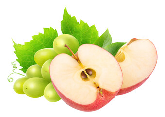 Cut red apple and bunch of white grapes cut out