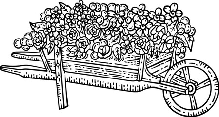 Wheelbarrow Flowers Spring Coloring Page for Adult