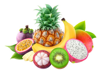 Pile of tropical fruits (pineapple, banana, mango, kiwi, mangosteen, maracuya and dragon fruit) cut out