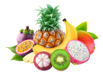 Pile of tropical fruits (pineapple, banana, mango, kiwi, mangosteen, maracuya and dragon fruit) cut out