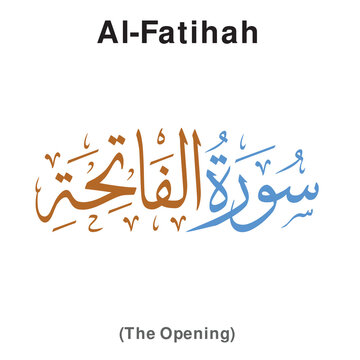 The name of surah in Holy Quran Al-Fatihah chapter (The Opening). Vector of arabic calligraphy desig