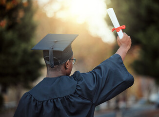 University graduation, certificate and back view of black man with motivation for learning goals,...