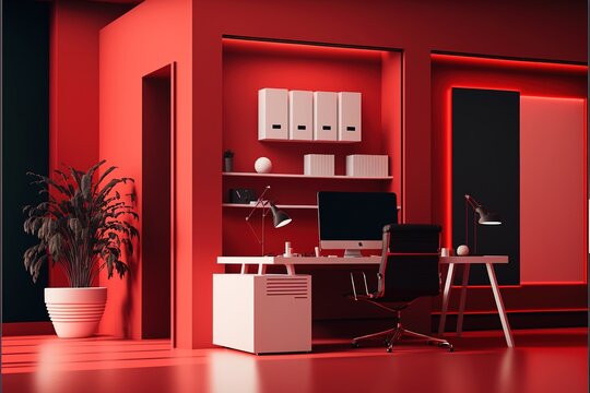 Red office cubicle or home office, cute workspace in warm colors created with generative AI