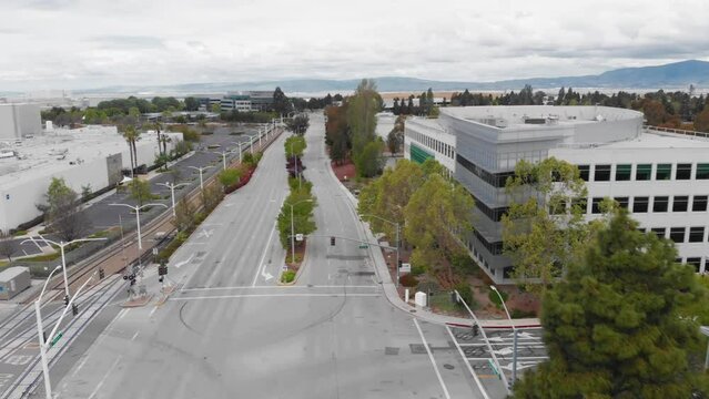 Aerial view of Google Campus. Shows the architecture and urban landscape. Sunnyvale, California, USA. 