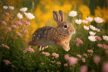  a rabbit is jumping in a field of flowers and daisies with a yellow background and a yellow sky in the background, with a yellow sky and white background, with pink flowers,.