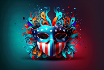 bright multicolored carnival mask in the colors of the flag of the united states of america, festival and entertainment concept, space for text