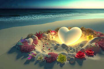 illustration of romantic heart shape with glow light water puddle after tide at night time, idea for romantic love travel theme	
