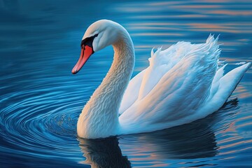 illustration of close up portrait shot of beautiful white swan swim in lake