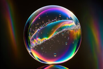  a soap bubble with a rainbow swirl inside of it on a reflective surface with a black background and a reflection of the bubbles in the water below it is a rainbow - stock photo of.