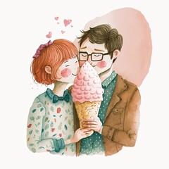 cute couple  eating ice-cream together, illustration clip art, generative ai