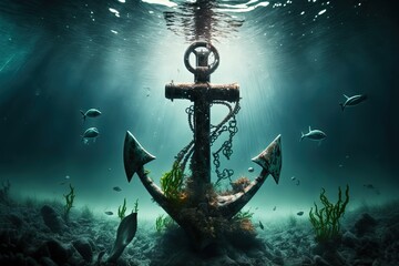 illustration of big iron anchor that abandoned at ocean floor with sung light shine through water surface	
 - obrazy, fototapety, plakaty