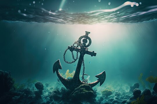 illustration of big iron anchor that abandoned at ocean floor with sung light shine through water surface	
