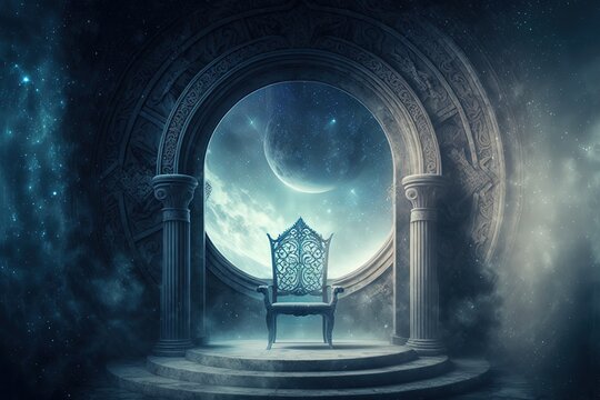 illustration of ancient throne seat at stone sanctuary with celestial on other dimension as background, divine heavenly blessing with glow blue light spirit fog