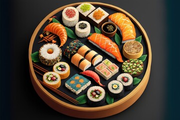  a plate of sushi and other food on a table top with a black background and a wooden frame around it with a black background and a black background with a black border and white border.