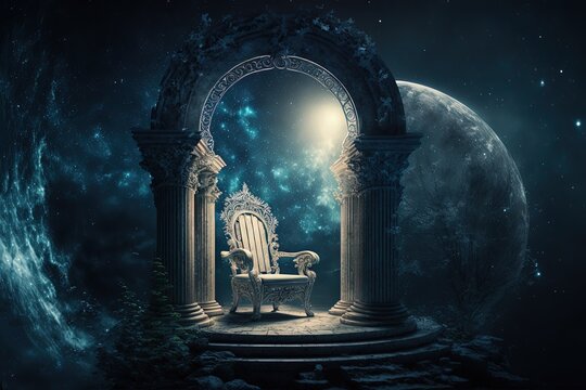 illustration of ancient throne seat at stone sanctuary with celestial on other dimension as background, divine heavenly blessing with glow blue light spirit fog