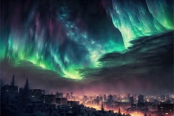 Obraz premium a night scene with a city and a large aurora bore in the sky above the city lights and clouds, and a green and purple aurora bore in the sky above the city lights,.