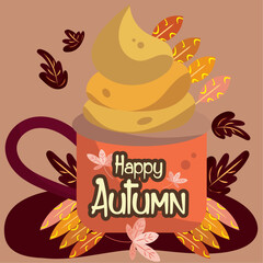 Colored happy autumn concept poster Isolated hot drink with leaves Vector