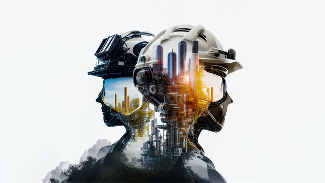 Double exposure image with Future people and environment. Generative AI 