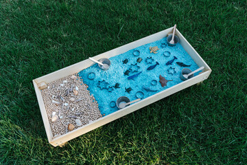 Sensory box with marine animals on grassy meadow