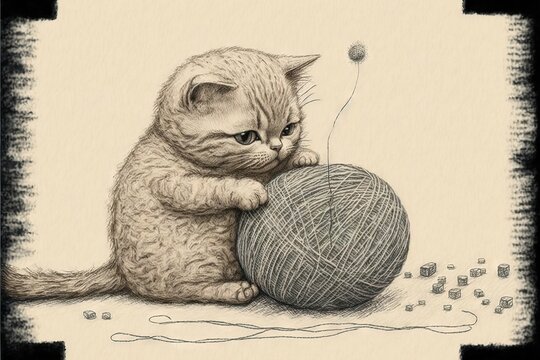  a drawing of a cat playing with a ball of yarn and a ball of thread on the ground with a ball of yarn in front of it and a black and white background with a.