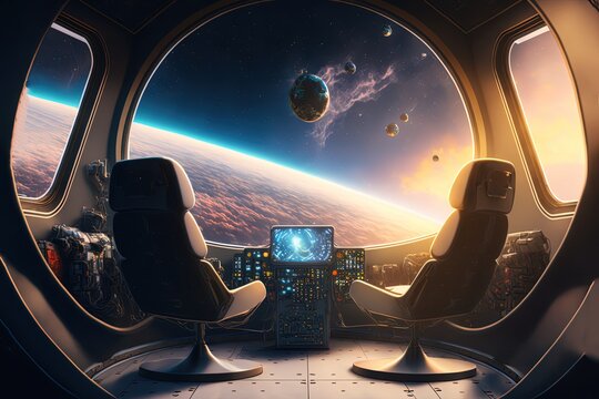 illustration of spacecraft control room center, big window show celestial space celestial view with planet, meteor, and light glow
