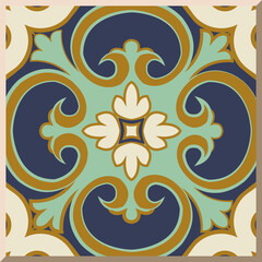 Antique square tile botanic garden vintage pattern spiral curve cross flower